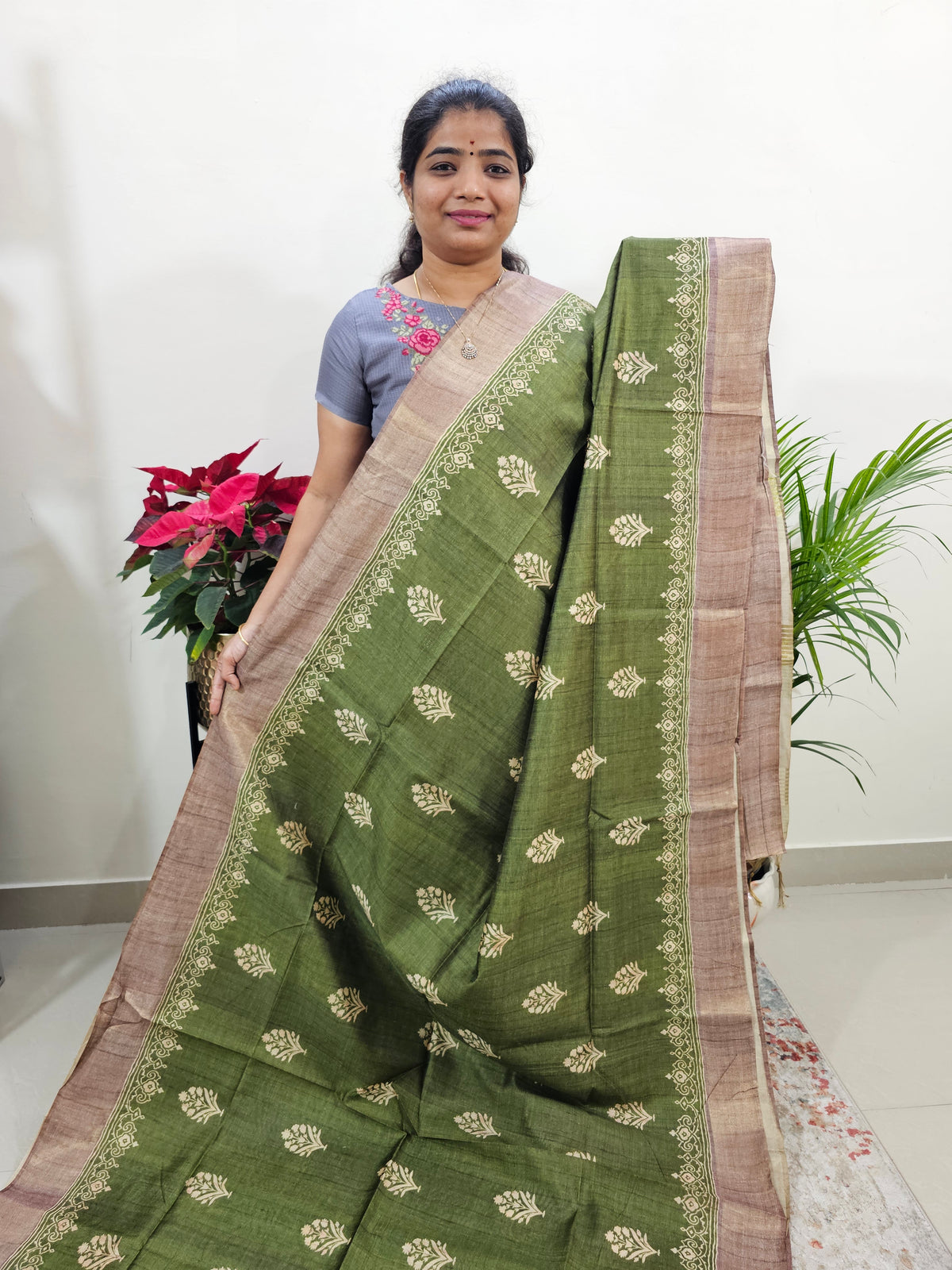 Semi Ghicha Floral Printed Saree - Green