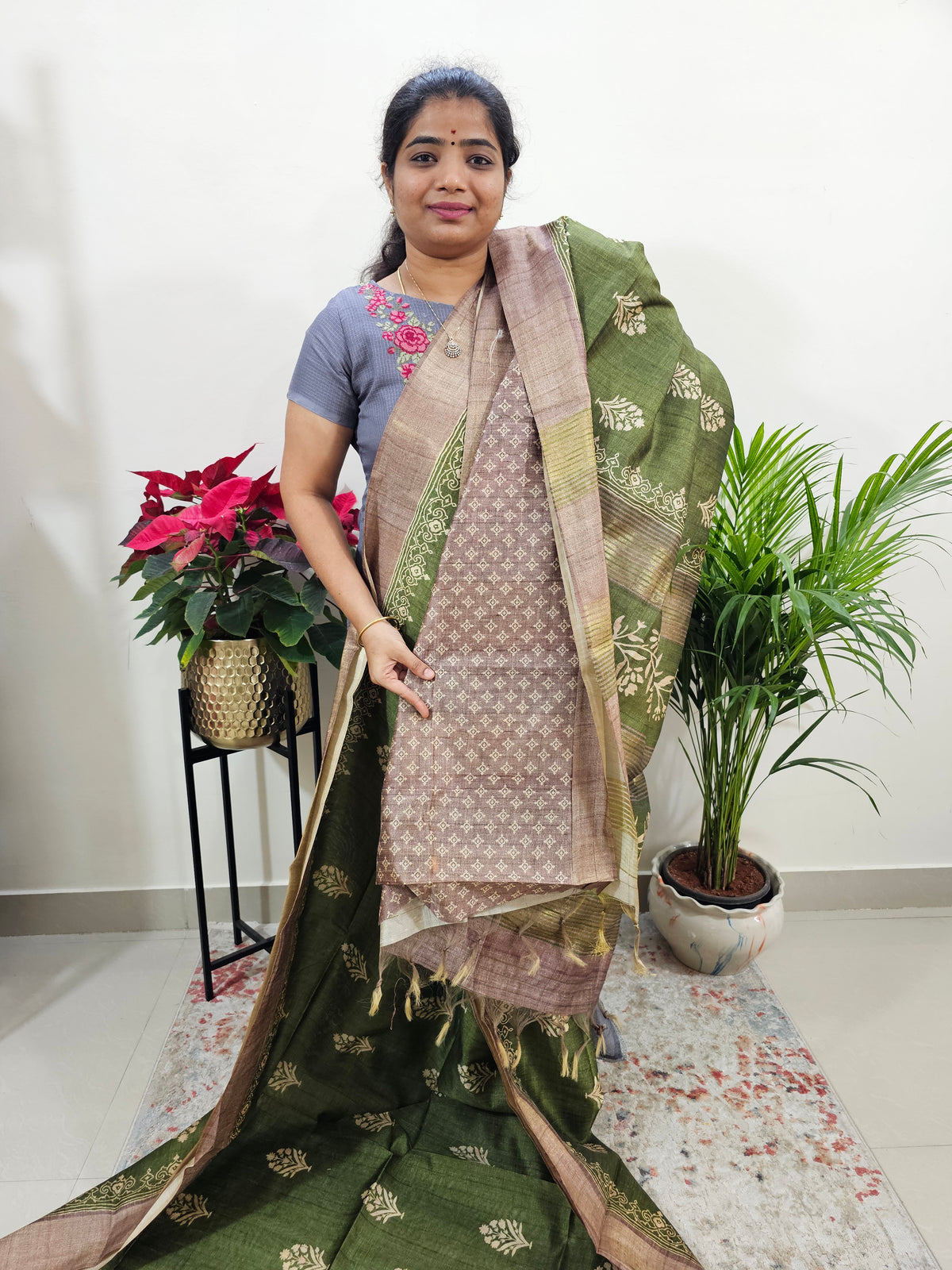 Semi Ghicha Floral Printed Saree - Green