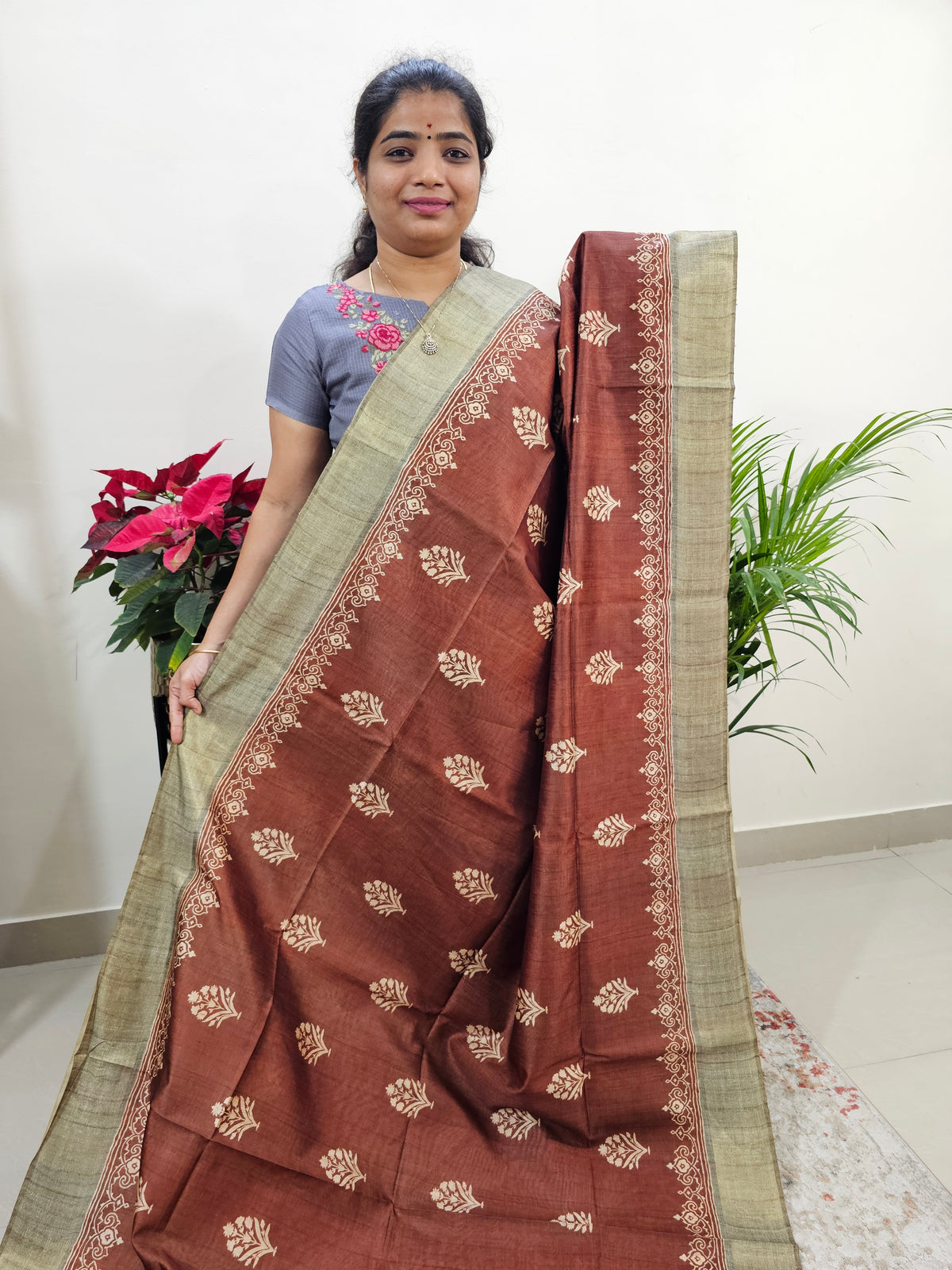 Semi Ghicha Floral Printed Saree - Brown with Dark Beige