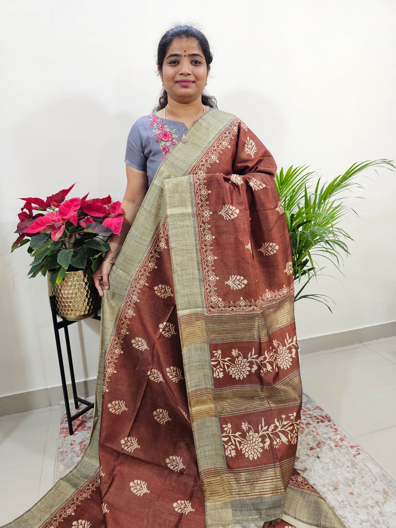 Semi Ghicha Floral Printed Saree - Brown with Dark Beige