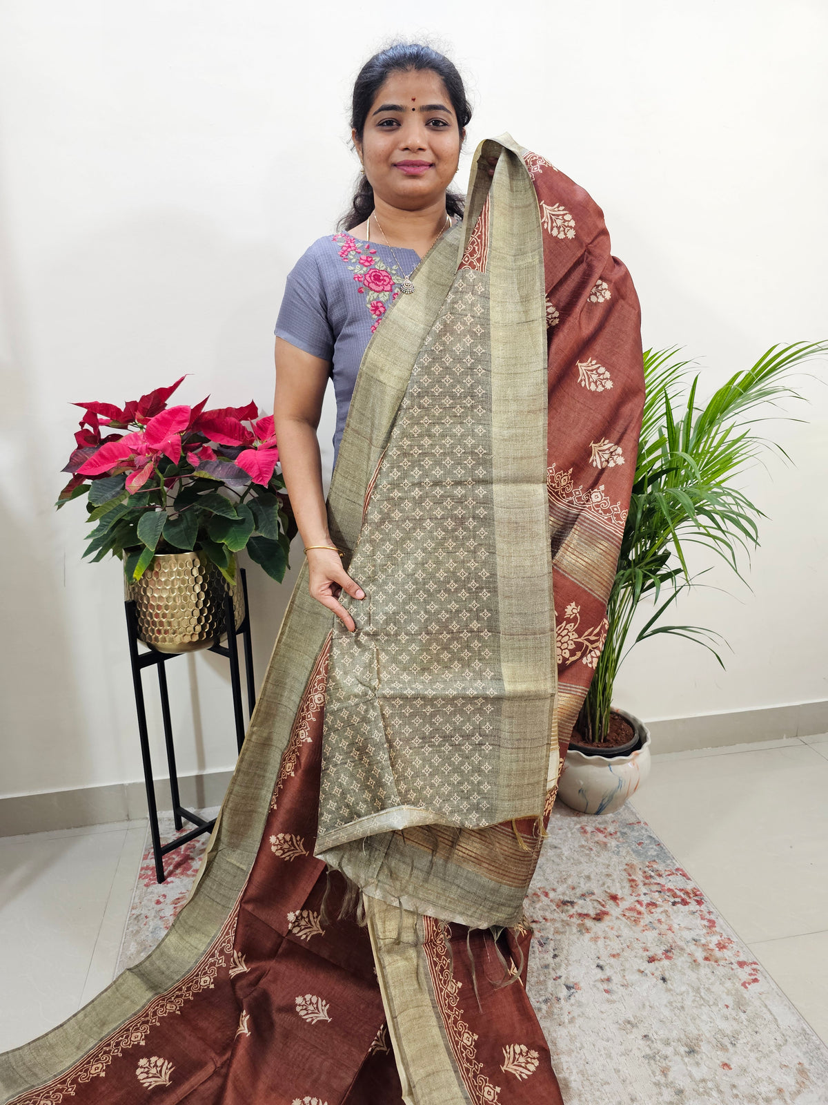 Semi Ghicha Floral Printed Saree - Brown with Dark Beige