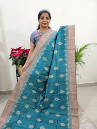 Semi Ghicha Floral Printed Saree - Peacock Blue with Beige