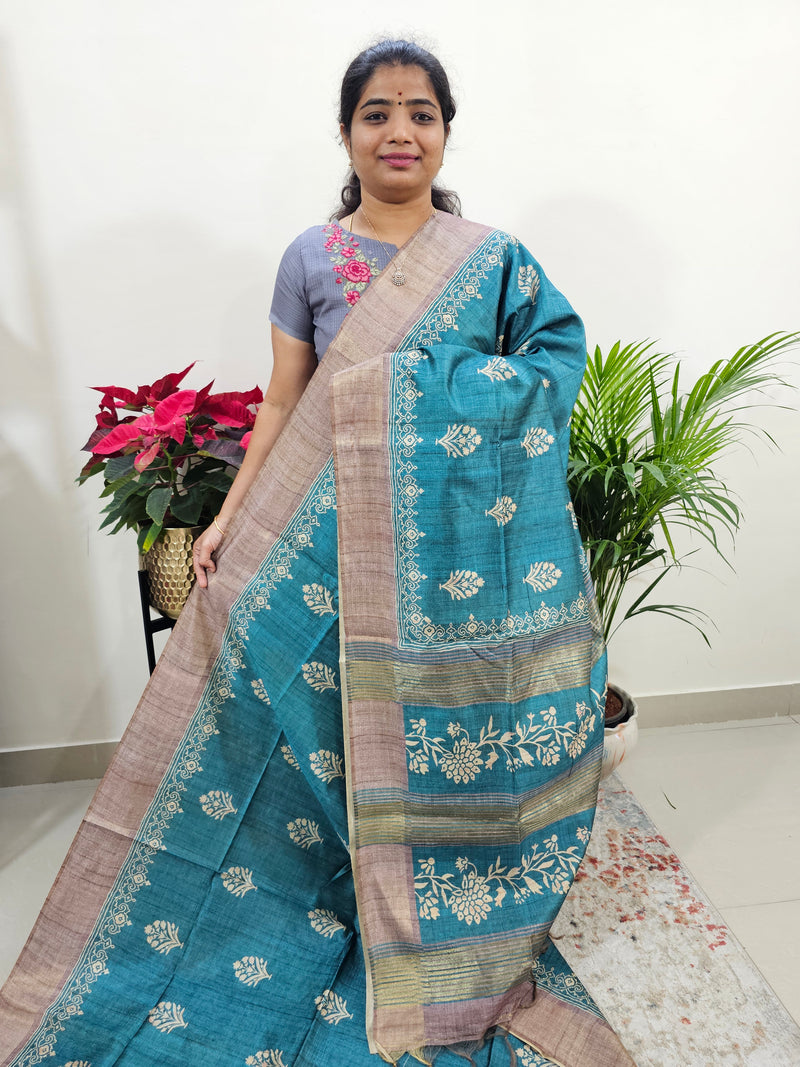 Semi Ghicha Floral Printed Saree - Peacock Blue with Beige