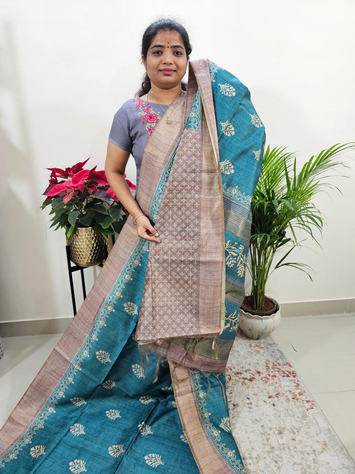 Semi Ghicha Floral Printed Saree - Peacock Blue with Beige