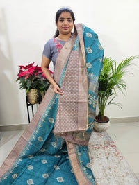 Semi Ghicha Floral Printed Saree - Peacock Blue with Beige