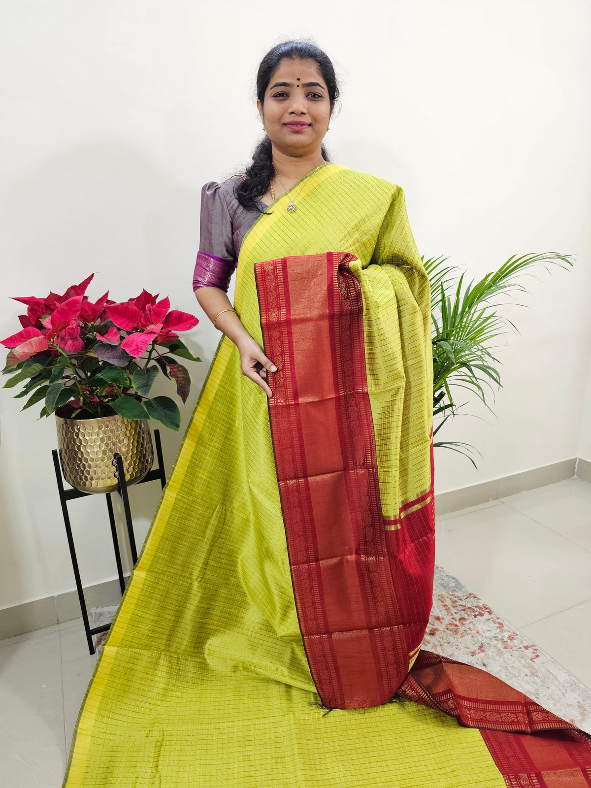 Semi Raw Silk Saree - Lime Yellow with Red