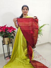 Semi Raw Silk Saree - Lime Yellow with Red