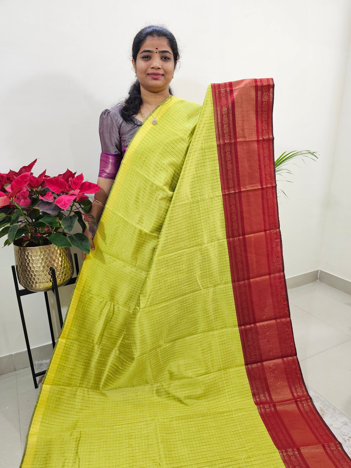 Semi Raw Silk Saree - Lime Yellow with Red