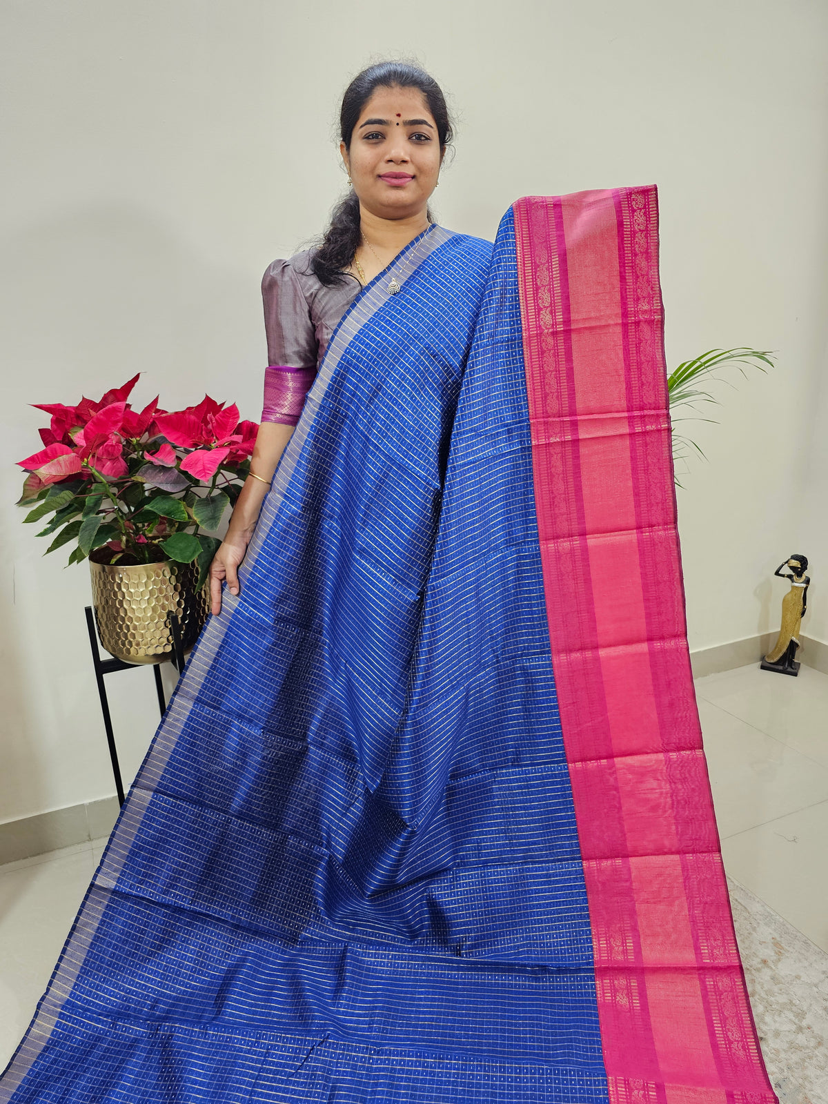 Semi Raw Silk Saree - Royal Blue with Pink