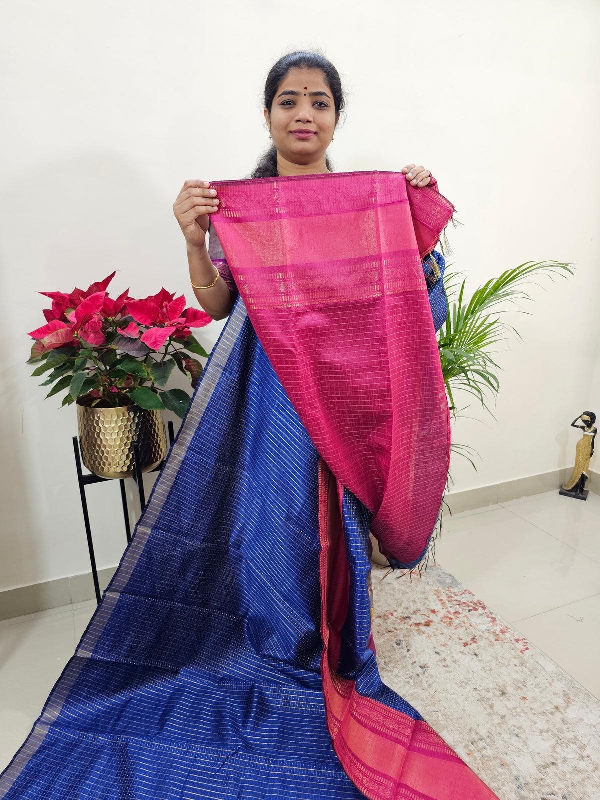 Semi Raw Silk Saree - Royal Blue with Pink