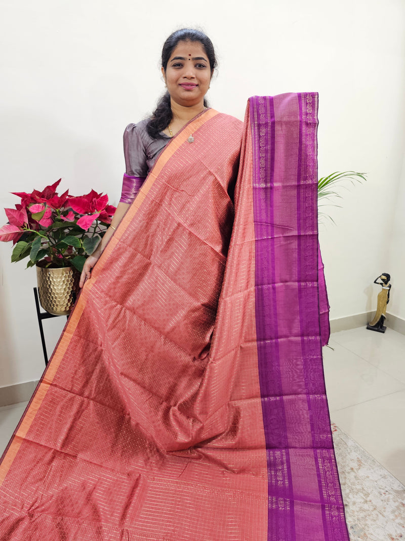 Semi Raw Silk Saree - Peach with Magenta Pink