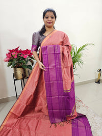 Semi Raw Silk Saree - Peach with Magenta Pink