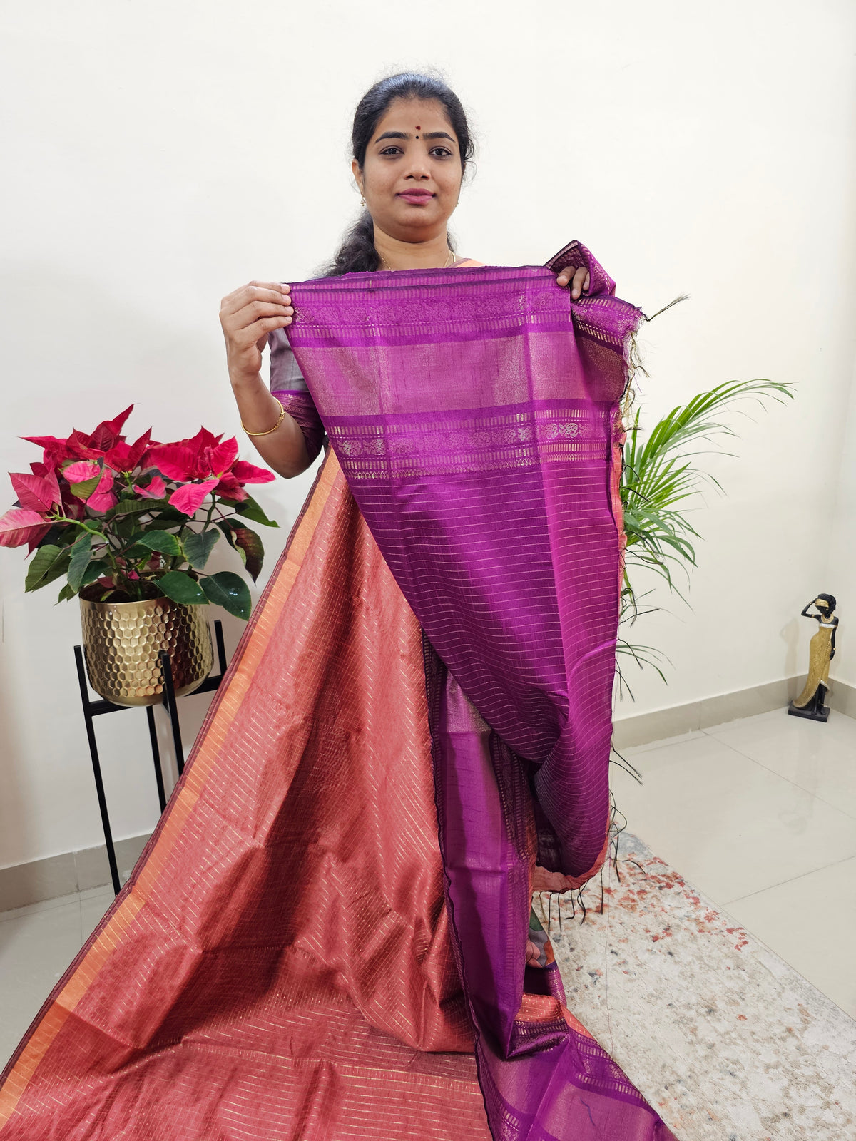 Semi Raw Silk Saree - Peach with Magenta Pink