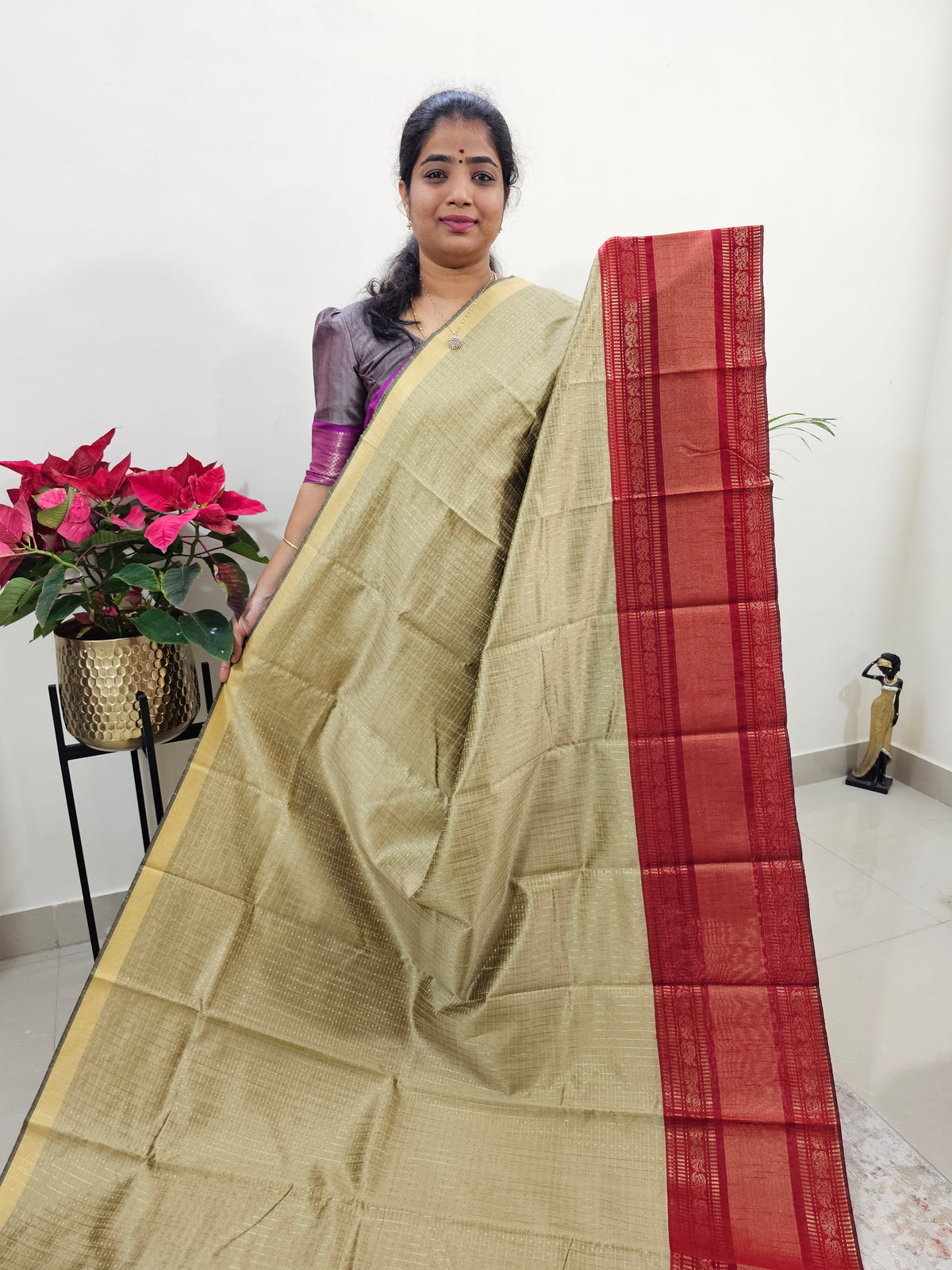 Semi Raw Silk Saree - Beige with Red