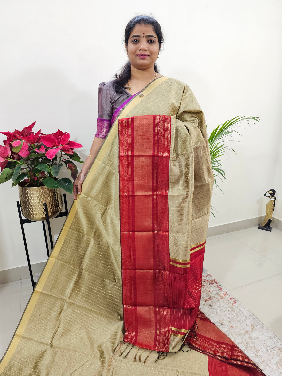 Semi Raw Silk Saree - Beige with Red