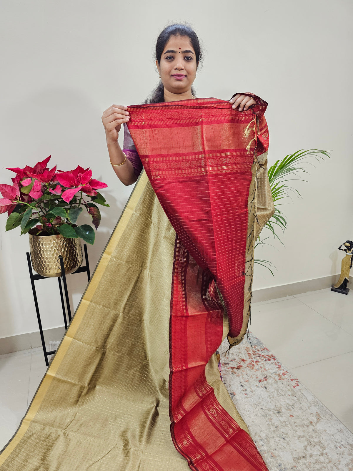 Semi Raw Silk Saree - Beige with Red