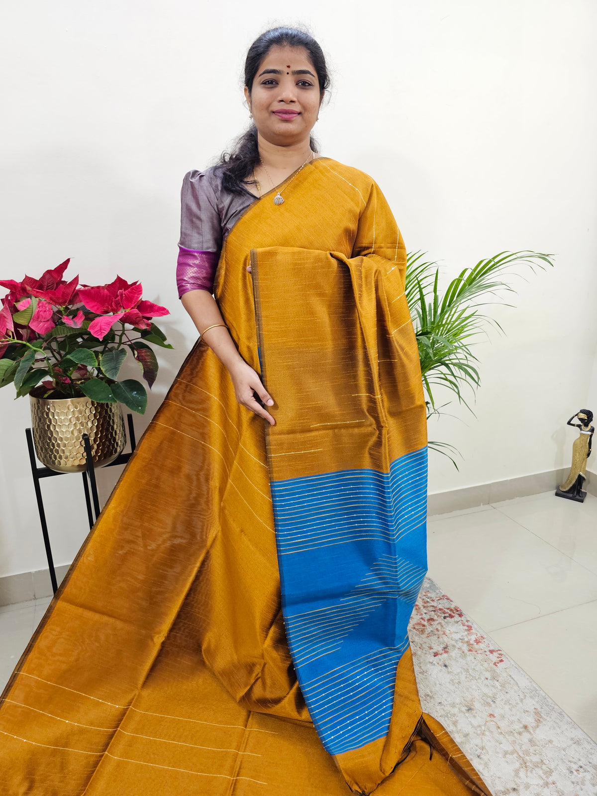 Semi Raw Silk Saree - Mustard Yellow with Blue