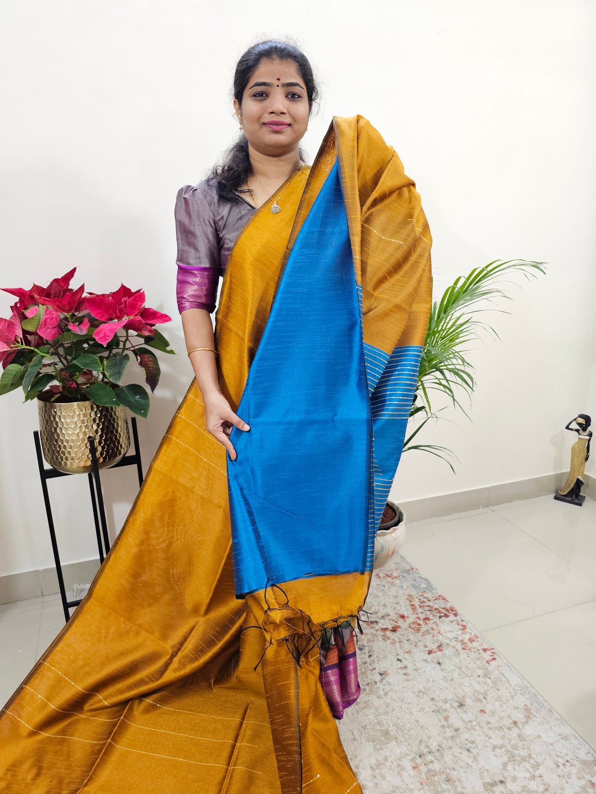 Semi Raw Silk Saree - Mustard Yellow with Blue