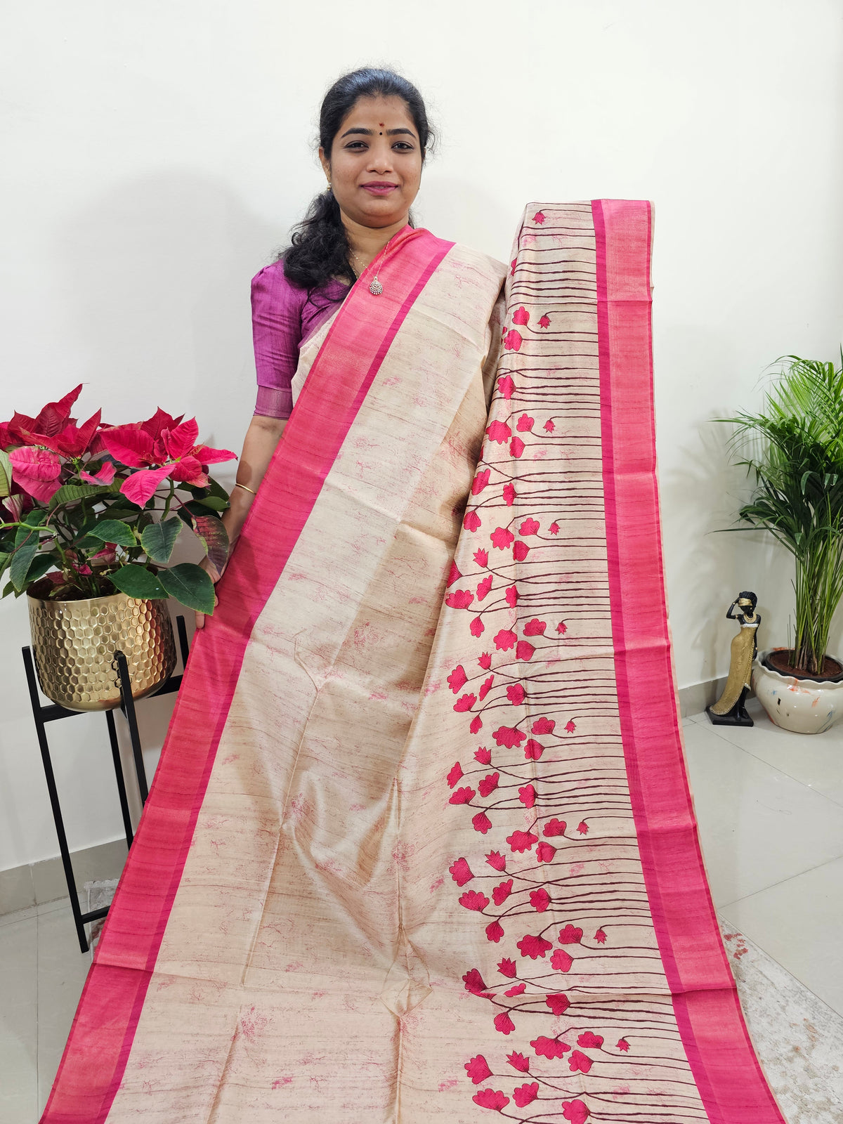 Semi Ghicha Floral Printed Saree - Pink