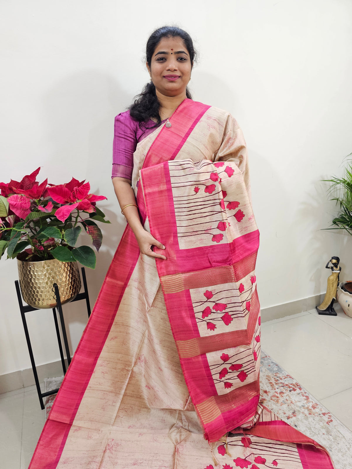 Semi Ghicha Floral Printed Saree - Pink