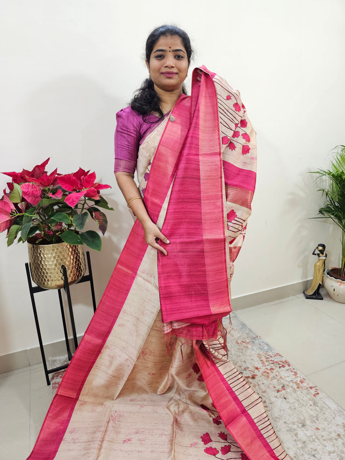 Semi Ghicha Floral Printed Saree - Pink