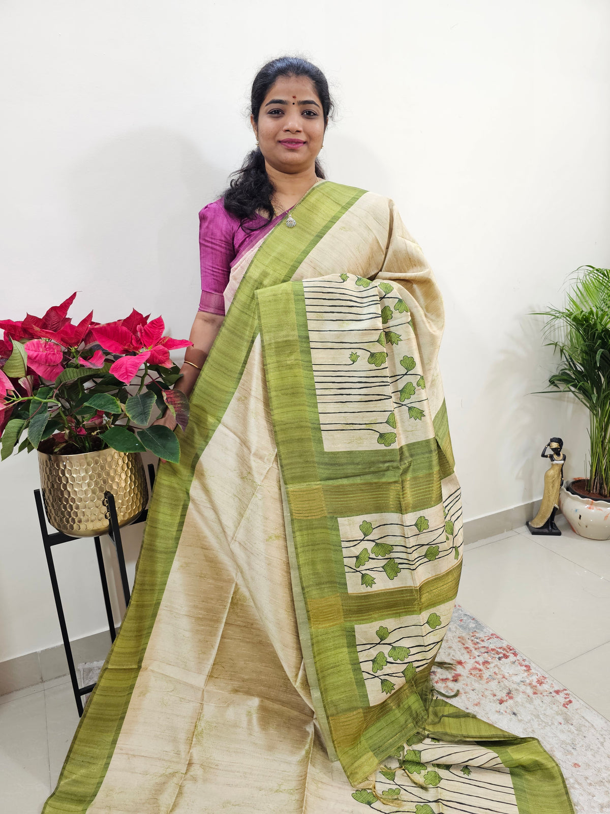 Semi Ghicha Floral Printed Saree - Green