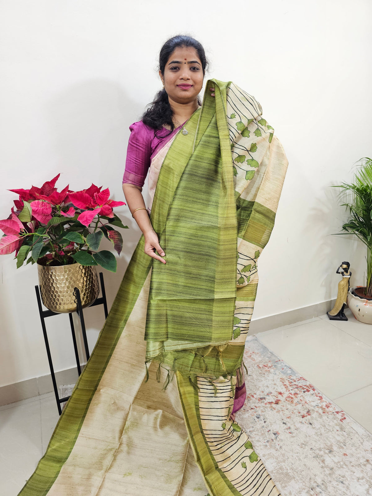 Semi Ghicha Floral Printed Saree - Green