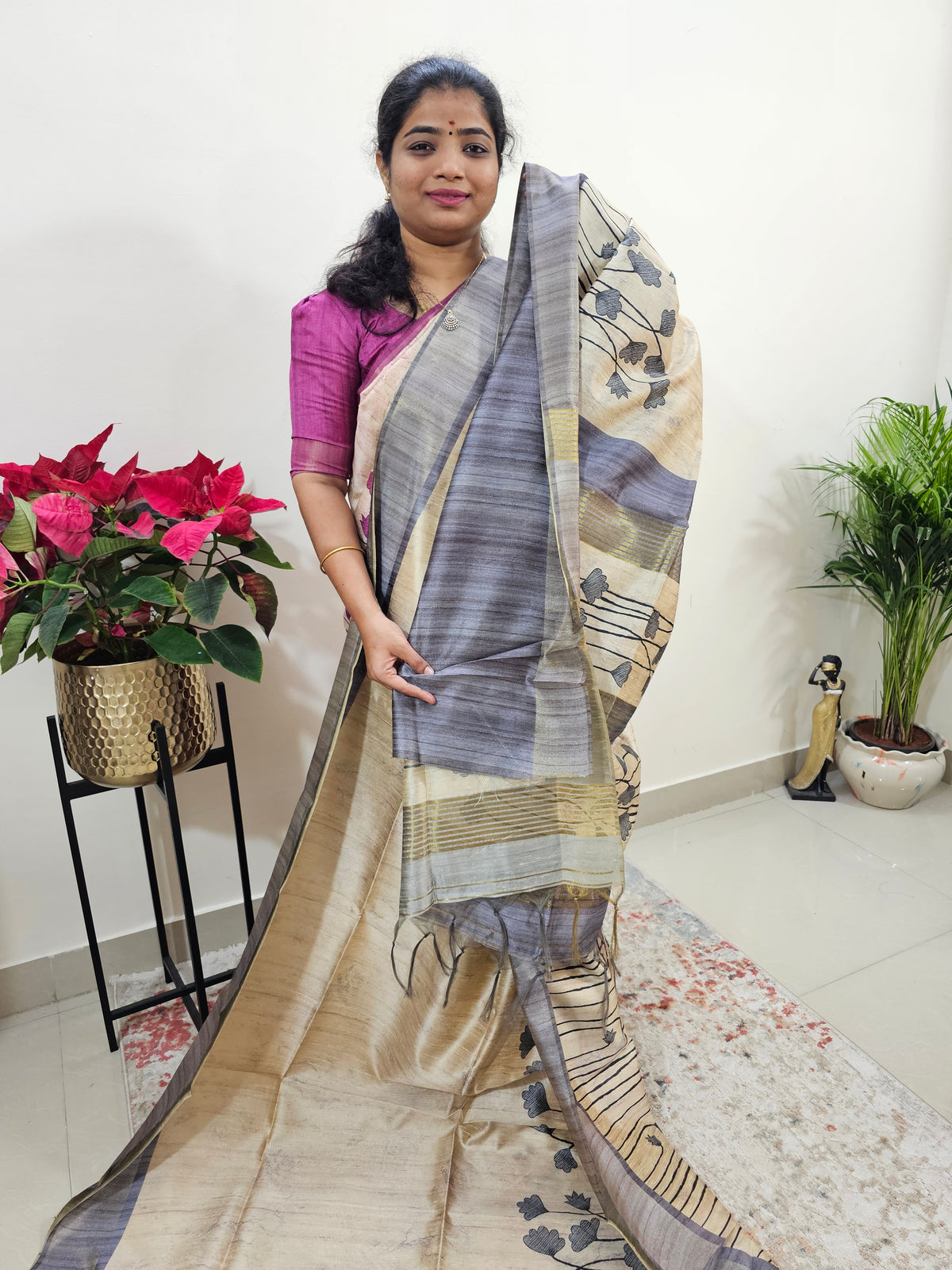 Semi Ghicha Floral Printed Saree - Grey