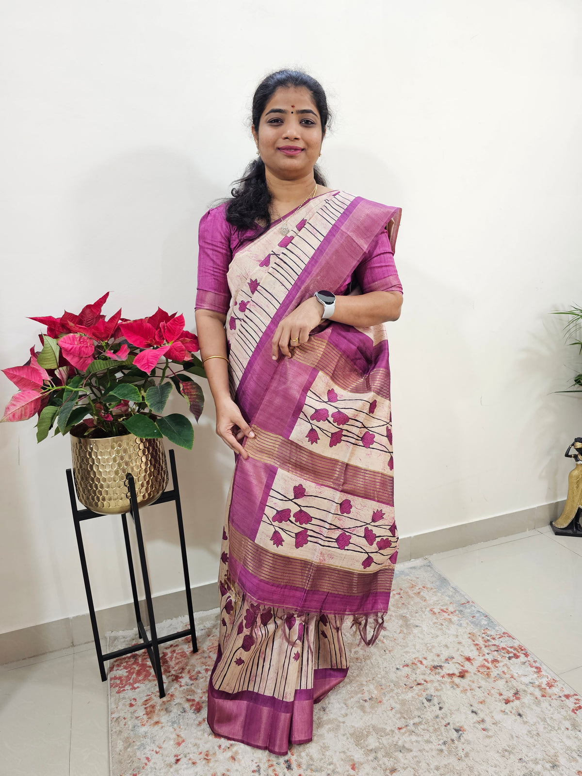 Semi Ghicha Floral Printed Saree - Purple