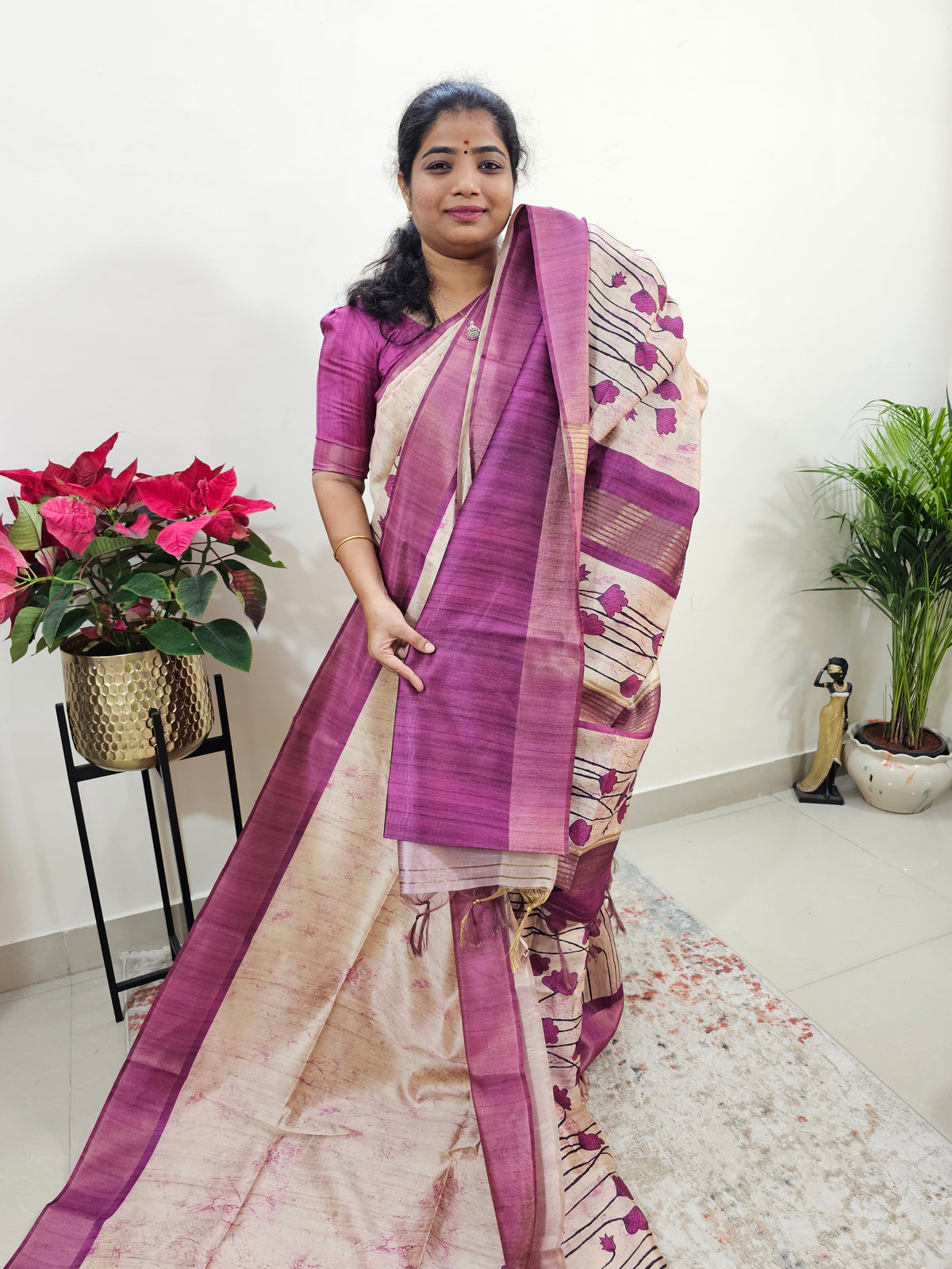 Semi Ghicha Floral Printed Saree - Purple