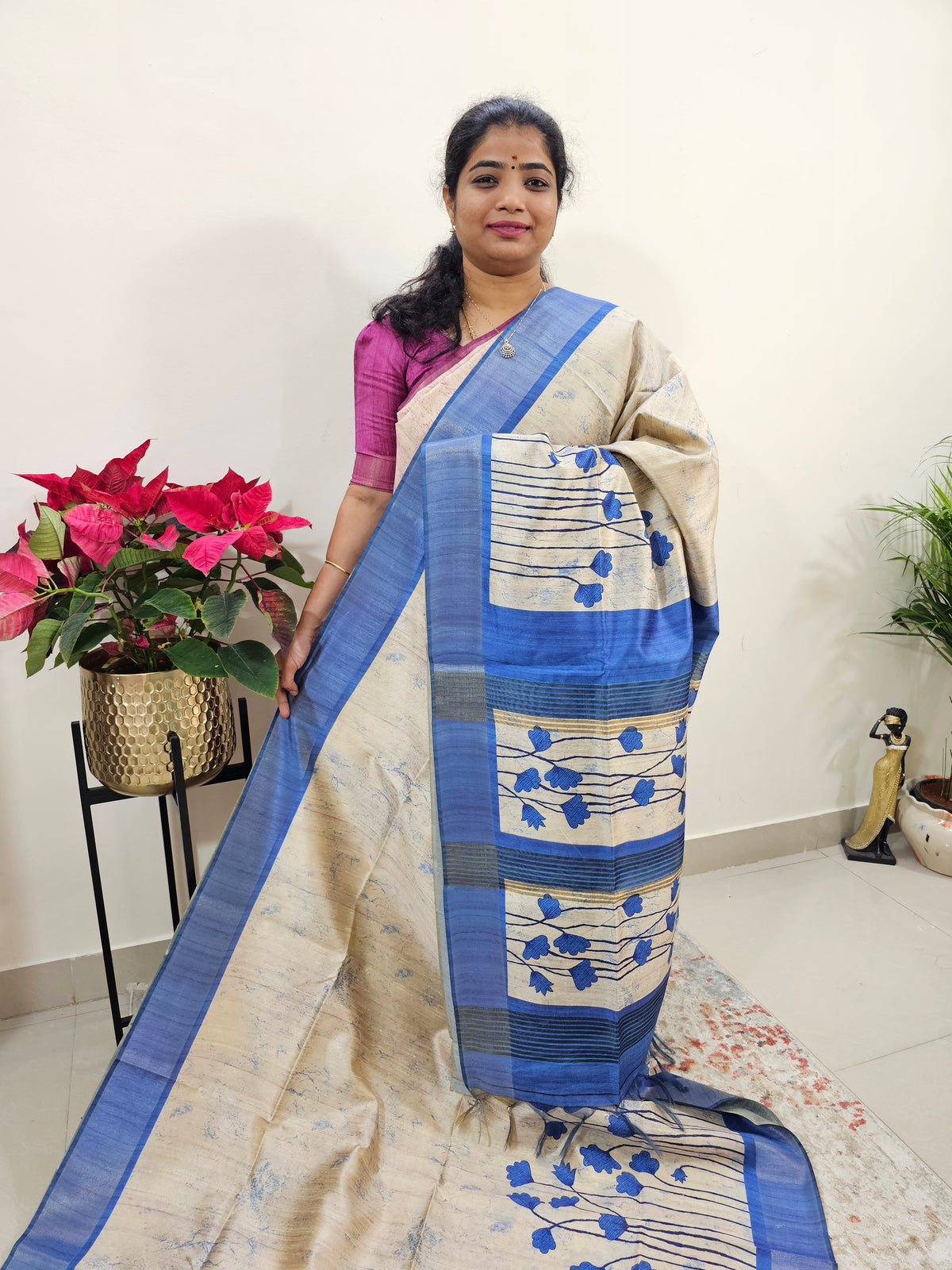 Semi Ghicha Floral Printed Saree - Blue