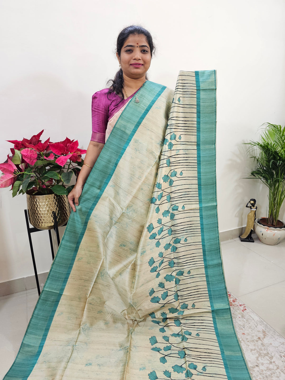 Semi Ghicha Floral Printed Saree - Sea Green