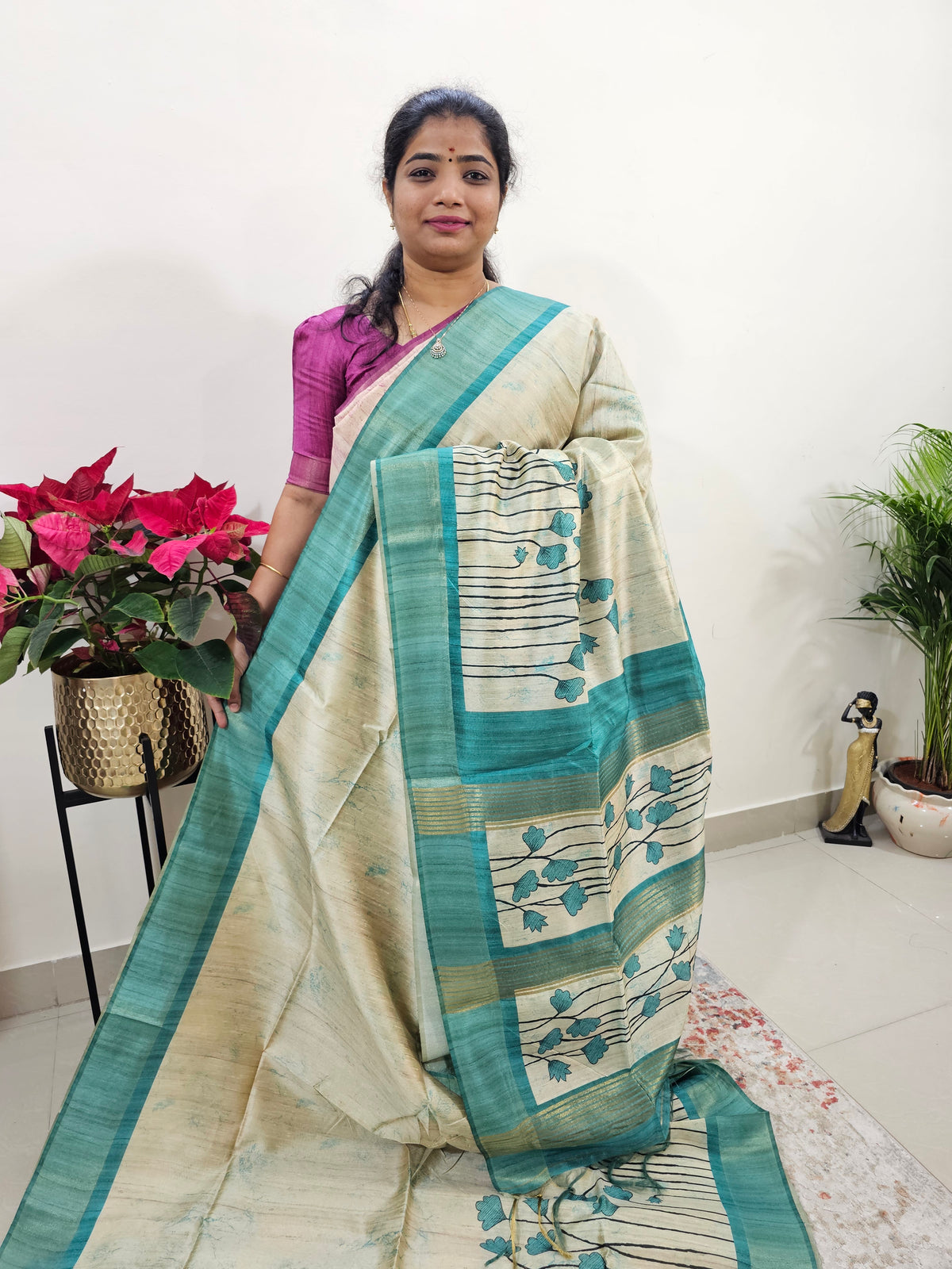 Semi Ghicha Floral Printed Saree - Sea Green