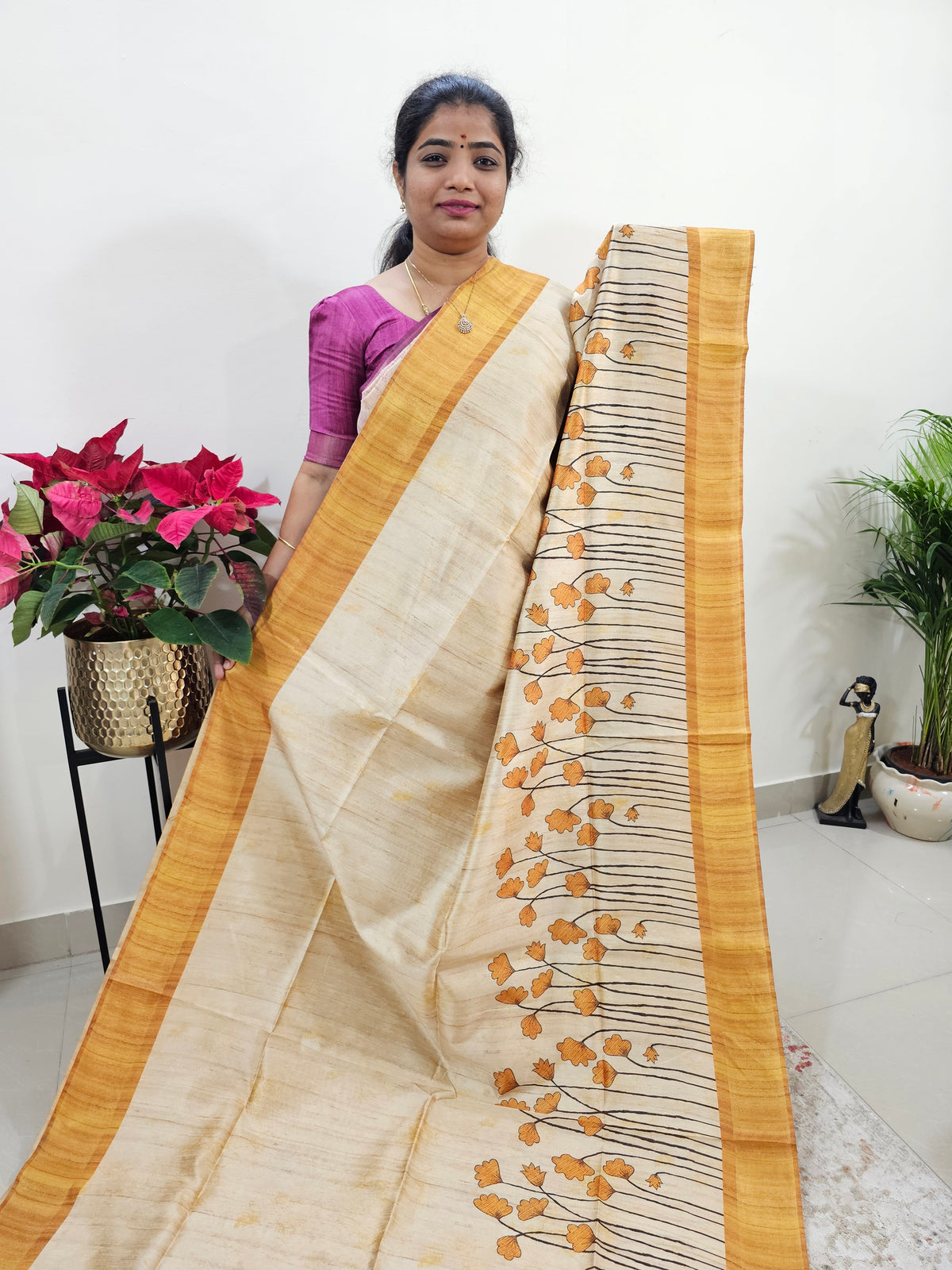 Semi Ghicha Floral Printed Saree - Yellow