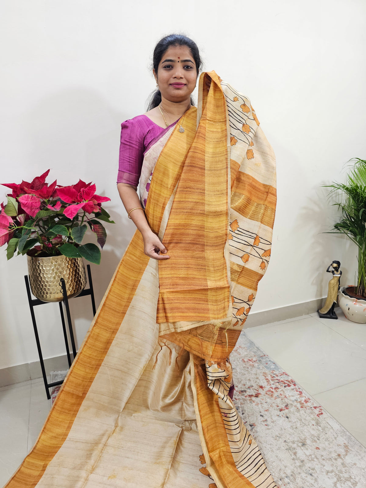 Semi Ghicha Floral Printed Saree - Yellow