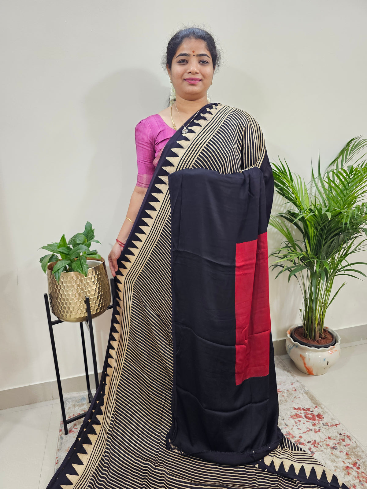 Modal Silk Saree - Black Stripes