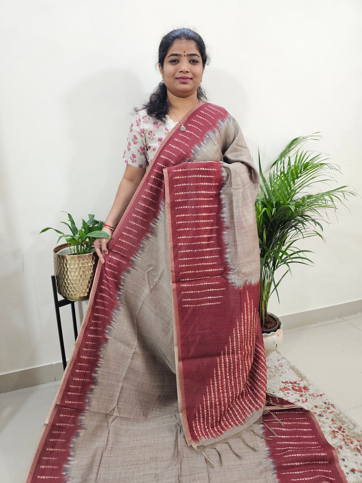 Semi Ghicha Digital Printed Saree - Beige with Maroon