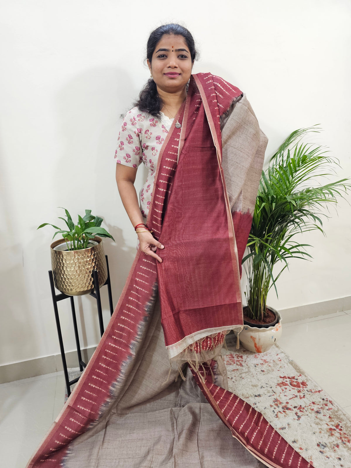 Semi Ghicha Digital Printed Saree - Beige with Maroon