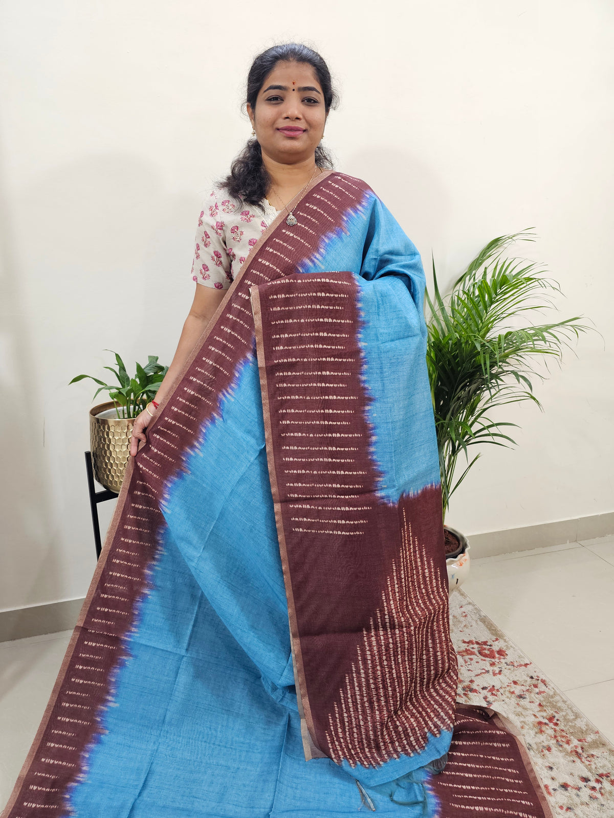 Semi Ghicha Digital Printed Saree - Blue with Maroon