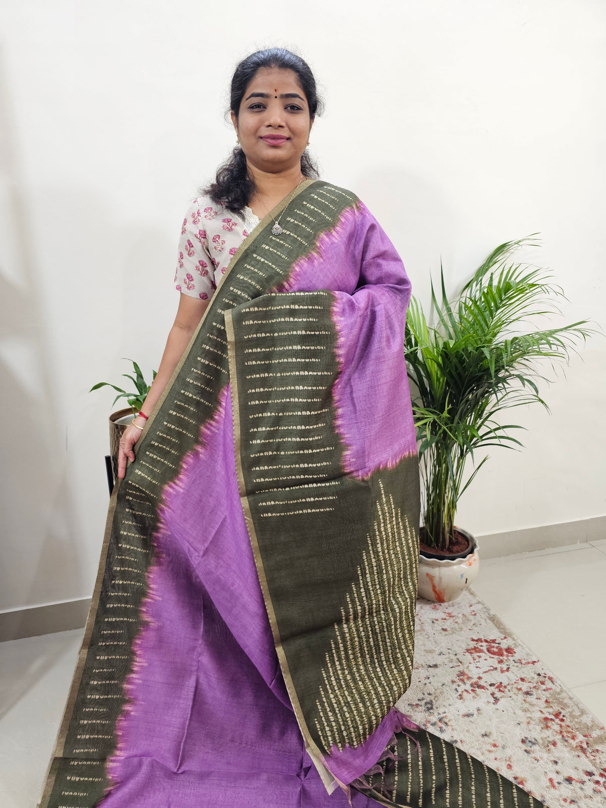 Semi Ghicha Digital Printed Saree - Purple with Green