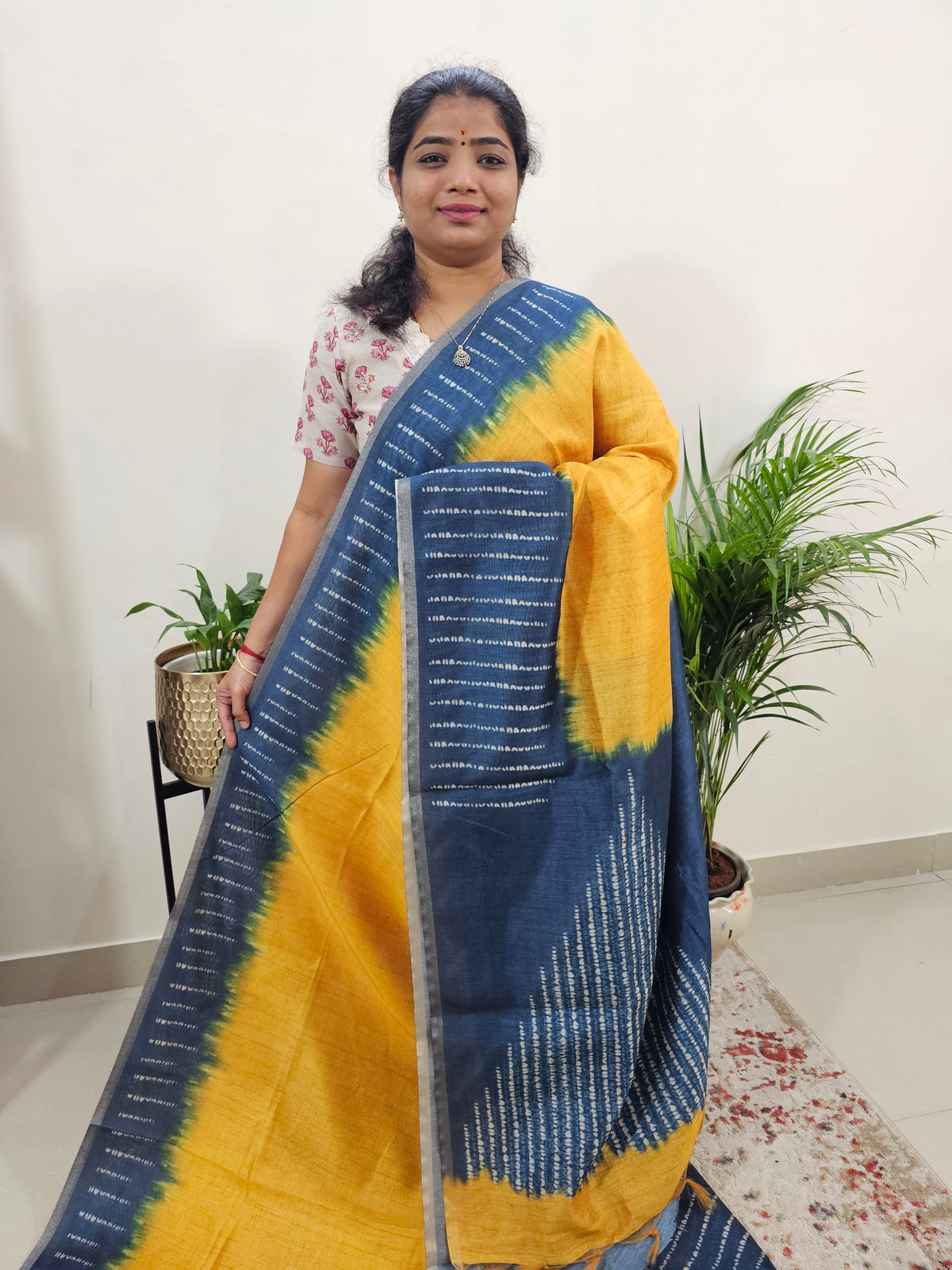 Semi Ghicha Digital Printed Saree - Yellow with Grey