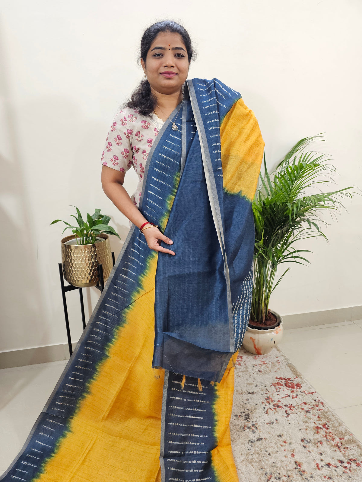 Semi Ghicha Digital Printed Saree - Yellow with Grey