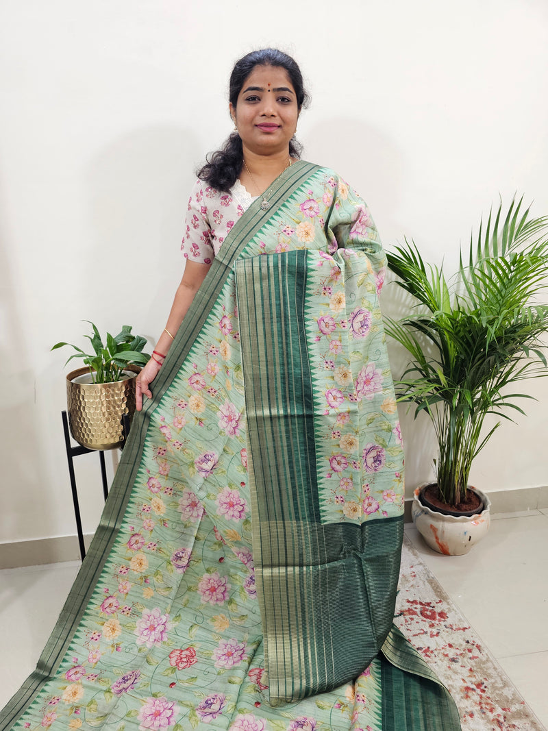 Semi Tussar with Digital Printed Saree - Green