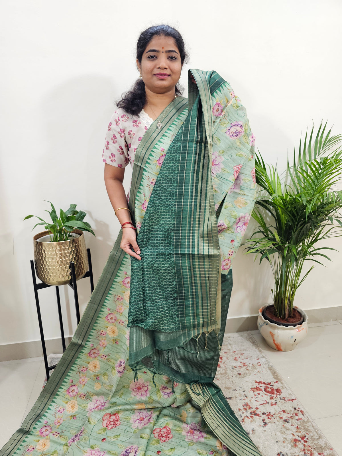 Semi Tussar with Digital Printed Saree - Green