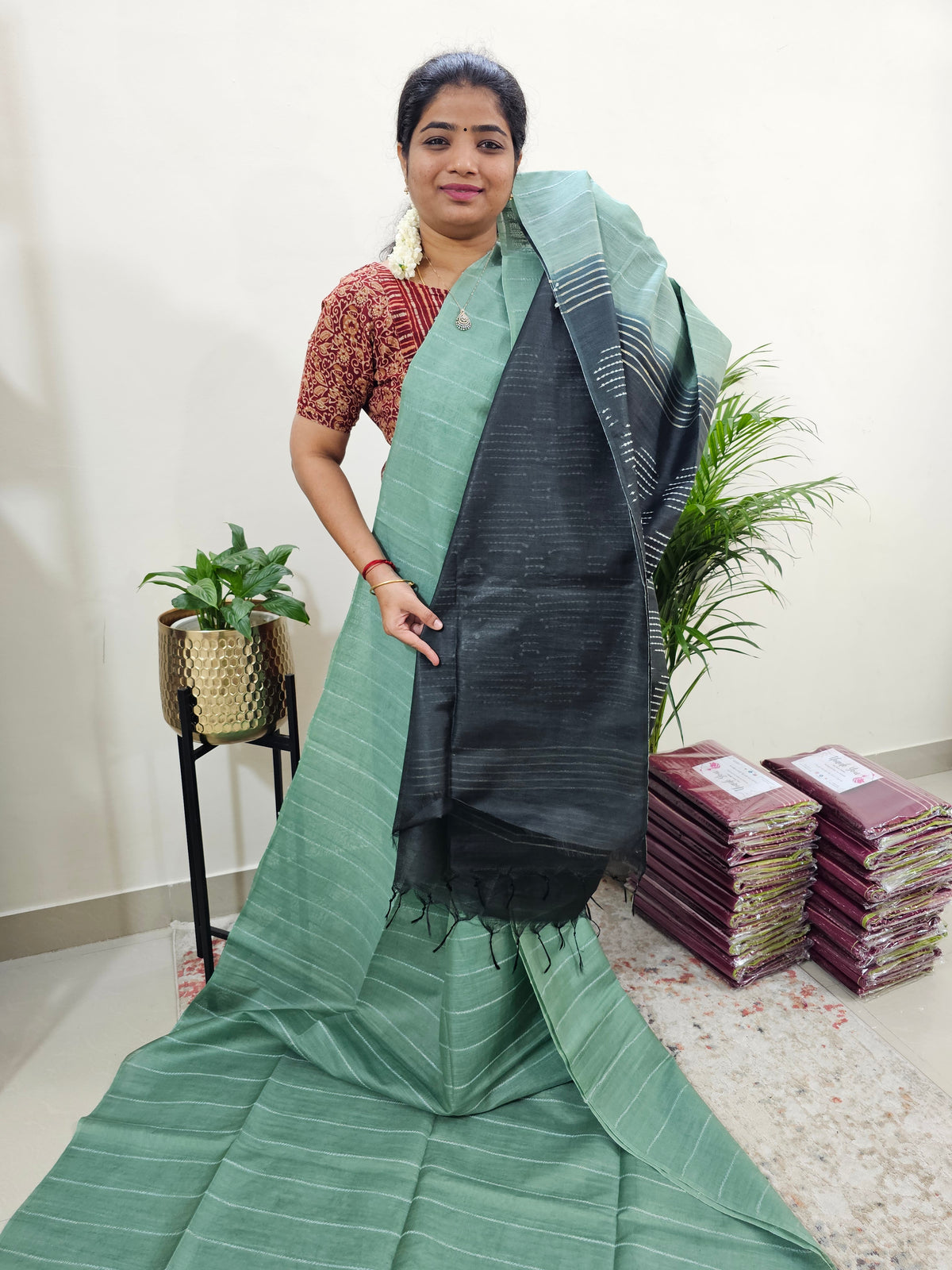 Bhagalpuri Silk Viscous - Green with Black