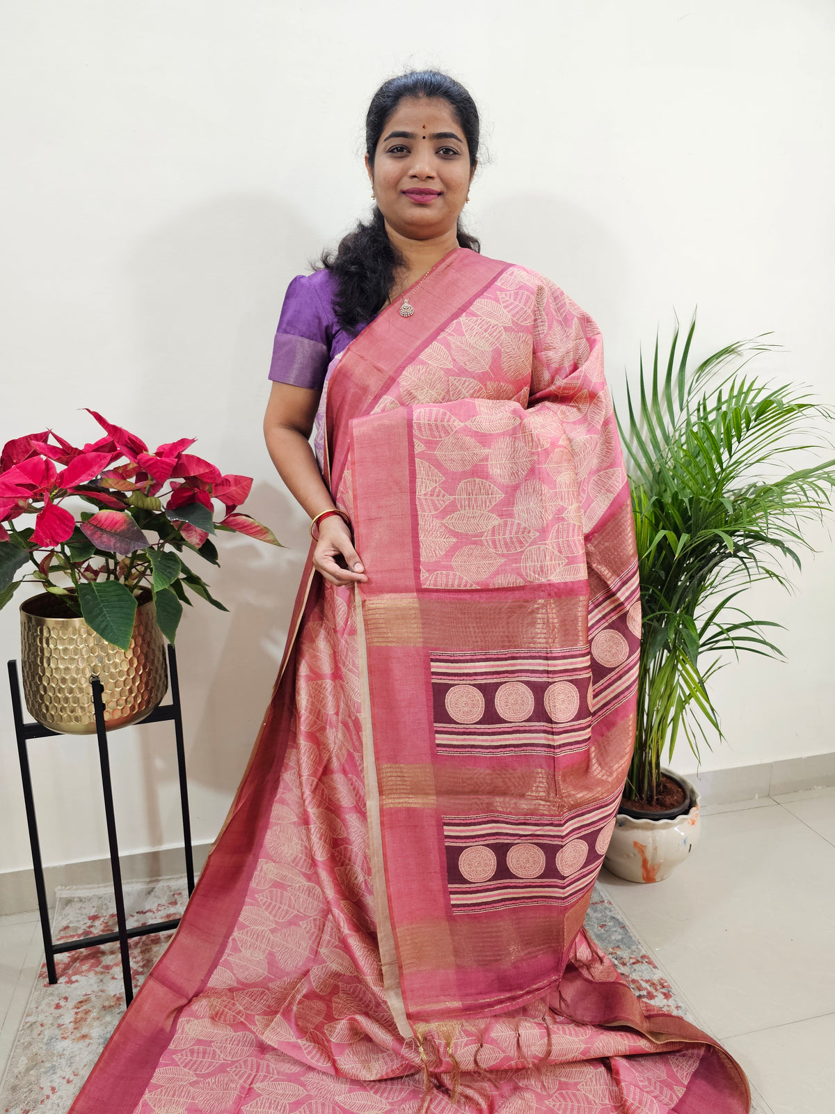 Semi Ghicha with Floral Pattern Saree -Pink