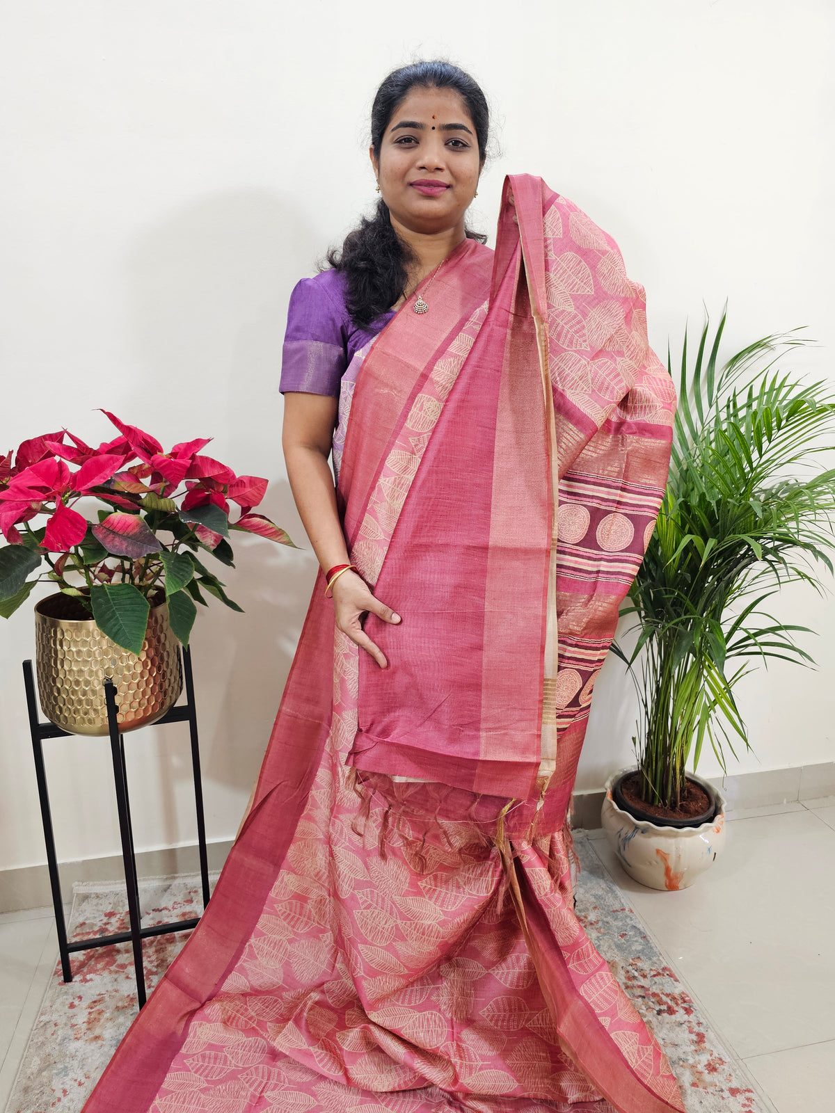 Semi Ghicha with Floral Pattern Saree -Pink