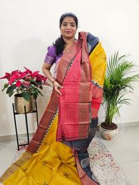 Yellow with Red Tussar Silk Saree with Zari Border