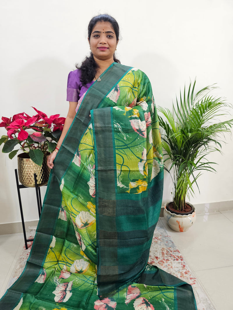 Green Shade Tussar Silk Saree with Zari Border