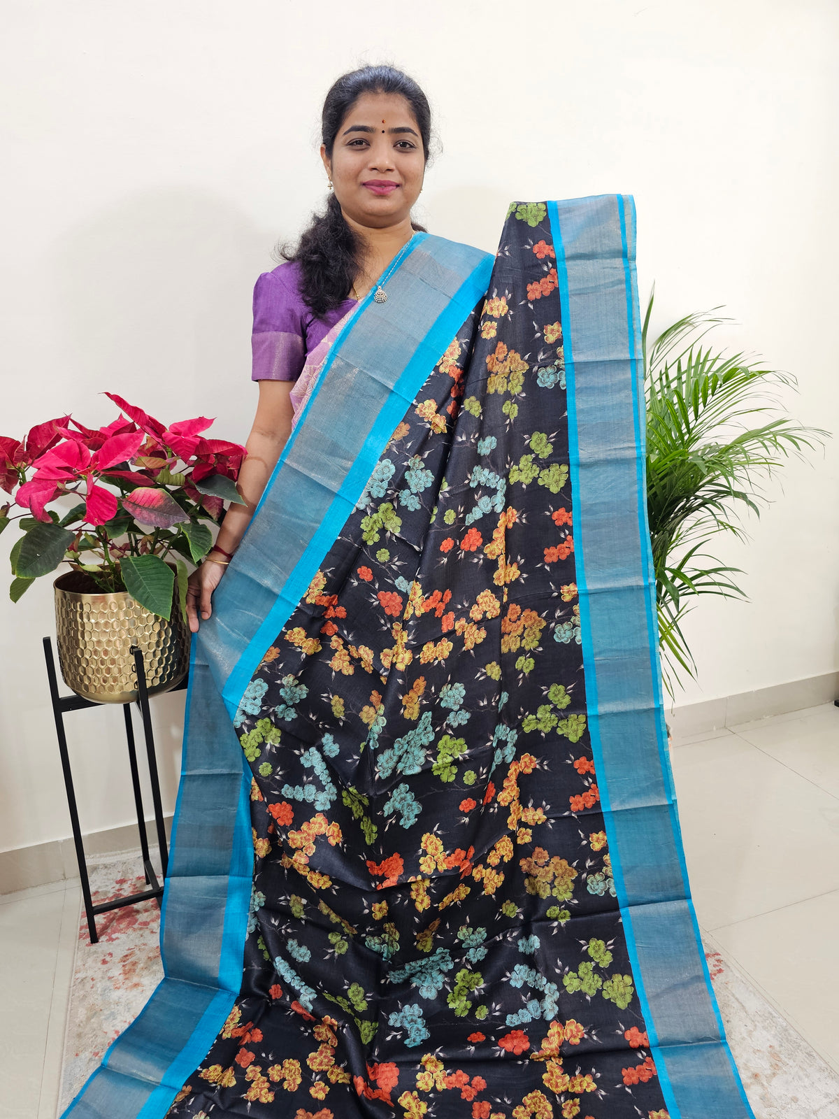 Black with Blue Tussar Silk Saree with Zari Border